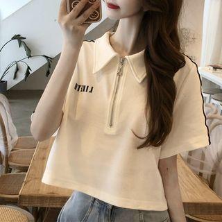 Lettering Half Zip Polo Shirt