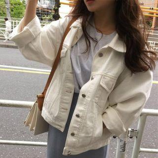 Plain Single-breasted Long-sleeve Denim Jacket White - One Size