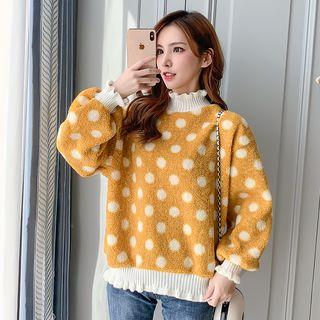 Frilled Trim Dotted Mock Neck Fleece Top