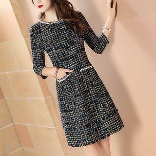 3/4-sleeve A-line Tweed Dress