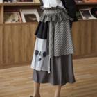 Paperbag-waist Rose Print Paneled Midi A-line Skirt