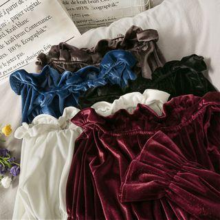 Boatneck Ruffled-trim Velvet Crop Top In 5 Colors