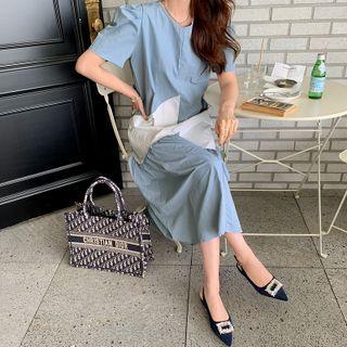 Puff-sleeve Ruffle-hem Color-block Dress