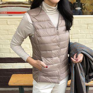 V-neck Duck Down Padded Vest Black - L