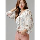 Balloon-sleeve Ruffled Floral Chiffon Top Ivory - One Size