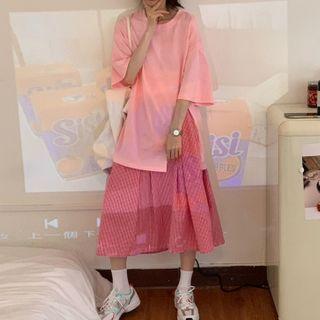 Oversize Elbow-sleeve T-shirt / Plaid Cropped Wide-leg Pants
