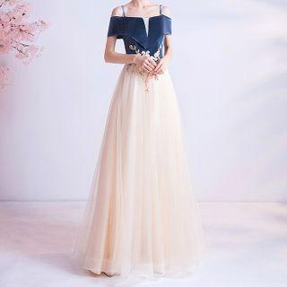 Velvet Panel Embroidered Mesh A-line Evening Gown