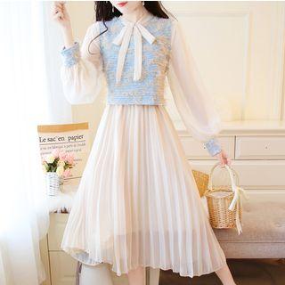 Set: Long-sleeve Pleated Chiffon A-line Midi Dress + Tweed Vest