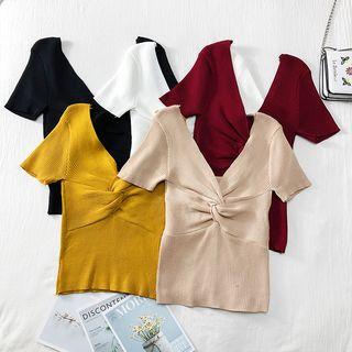 Knotted V-neck Crop Knit Top