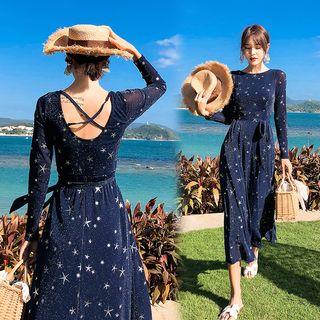 Long-sleeve Star Print Midi A-line Mesh Dress