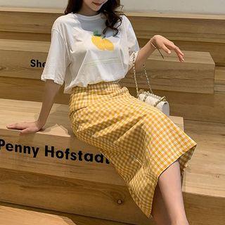 Set: Lemon Print Elbow-sleeve T-shirt + Checked Midi A-line Skirt