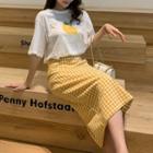 Set: Lemon Print Elbow-sleeve T-shirt + Checked Midi A-line Skirt