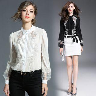 Lace Panel Mock Neck Blouse