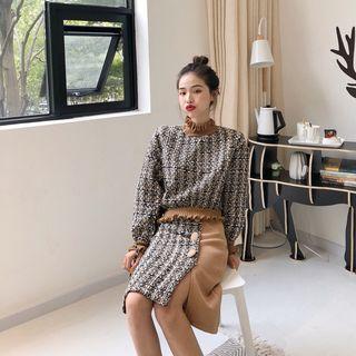 Set: Check Tweed Long-sleeve Pullover + Skirt