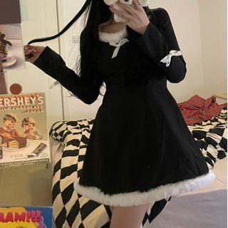 Fluffy Trim Long Sleeve Dress