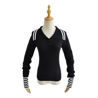 Collared Striped Panel Button-up Knit Top