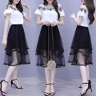 Set: Short-sleeve Floral Top + Tiered Midi Skirt