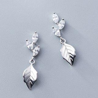 925 Sterling Silver Rhinestone Leaf Dangle Earring As Shown In Figure - One Size