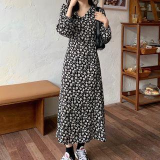Long-sleeve Floral Print A-line Dress Black & White - One Size