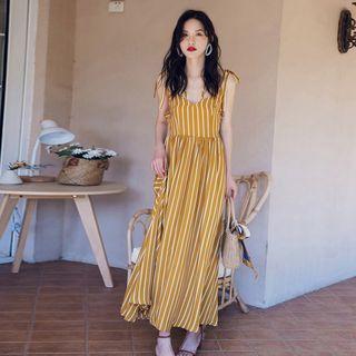 Tie-shoulder Striped Midi A-line Dress