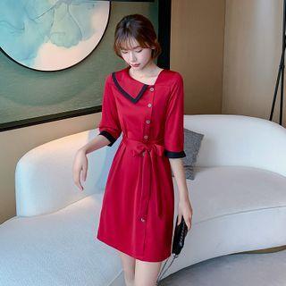 Contrast Trim 3/4-sleeve Mini A-line Dress