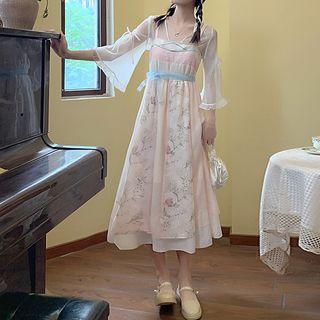 Floral Embroidered Panel Dress / Chiffon Cardigan