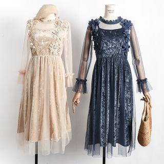 Flower-accent Mesh-overlay Velvet Midi Dress
