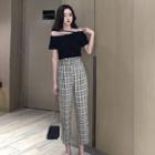 Lettering Strap Off-shoulder T-shirt / Plaid Cropped Slim-fit Pants