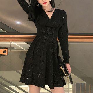 V-neck Long-sleeve Glitter Mini A-line Dress