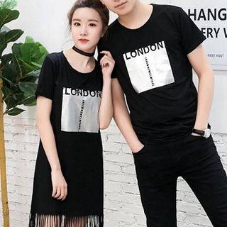 Couple Matching Short-sleeve Lettering T-shirt / Fringe T-shirt Dress