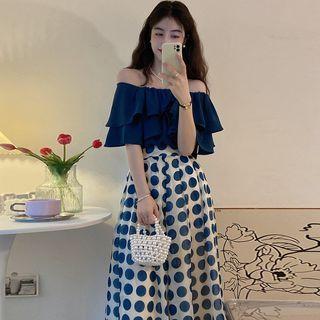 Off-shoulder Ruffled Blouse / Dotted Maxi A-line Skirt