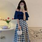 Off-shoulder Ruffled Blouse / Dotted Maxi A-line Skirt