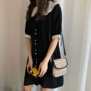 Two-tone Elbow-sleeve Mini Shirtdress Black - One Size
