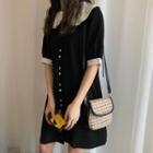 Two-tone Elbow-sleeve Mini Shirtdress Black - One Size