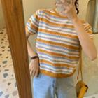 Round-neck Striped Short-sleeve Tee Yellow - One Size