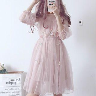 Set: Elbow-sleeve Sheer Panel A-line Dress + Slipdress
