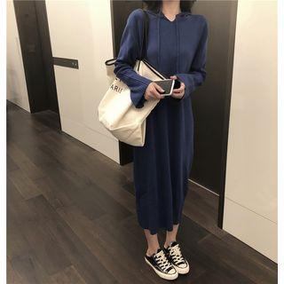 Plain Long-sleeve Loose-fit Hooded Knit Dress