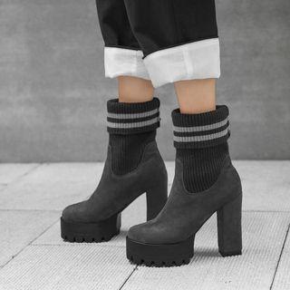 Block-heel Platform Knit Short Boots