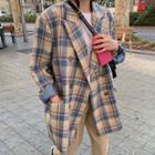 Plaid Double-breasted Blazer Plaid - Blue - One Size
