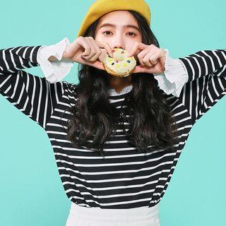 Mock Two-piece Striped Long-sleeve T-shirt Stripes - Black & White - One Size