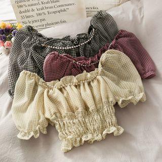 Boatneck Pearl-neckline Smocked Crop Top