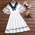 Short-sleeve Panda Embroidered Bow Accent Midi A-line Dress