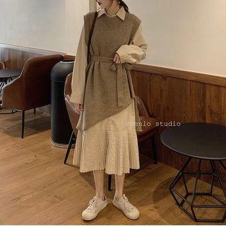 Plain Long-knit Vest / Long-sleeve Plain Pleated Hem Shirtdress