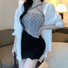 Halter Neck Striped Camisole Top / Mini Pencil Skirt / Shirt