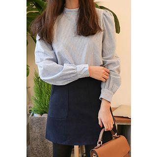 Mock-neck Bishop-sleeve Stripe Blouse