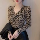 Long Sleeve V-neck Leopard Print Top