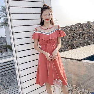 Mesh Panel Cold-shoulder A-line Dress