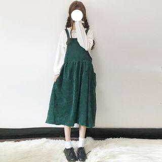 Ruffle Trim Long-sleeve T-shirt / Pocketed Corduroy Pinafore Dress