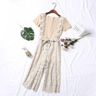 Set: Short-sleeve Knit Top + Suspender Lace Pants