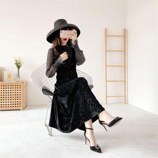 Set: Mesh Blouse + Velvet Midi A-line Overall Dress